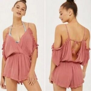 TopShop Blush Pink Plunging Neckline Off-The-Shoulder Ruffle Romper Jumpsuit
